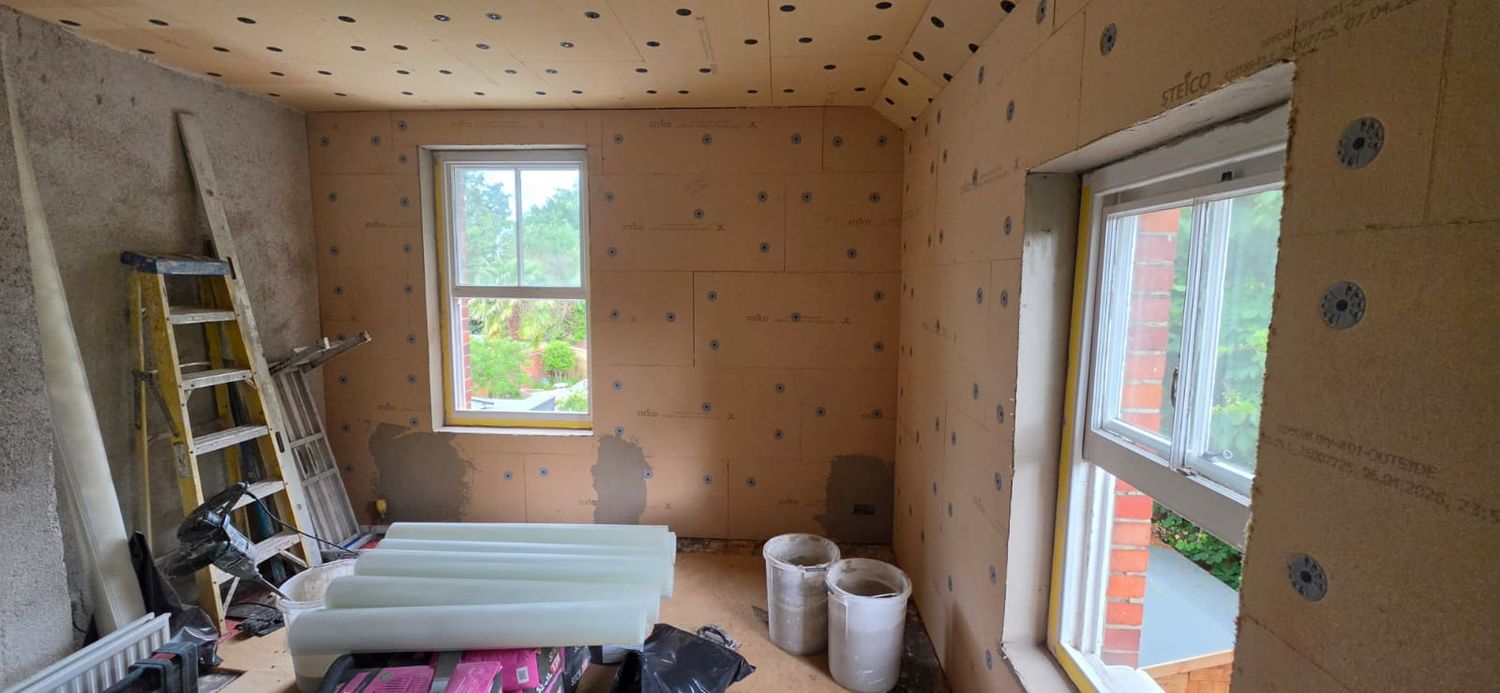 Wood fibre boards on the walls and ceiling