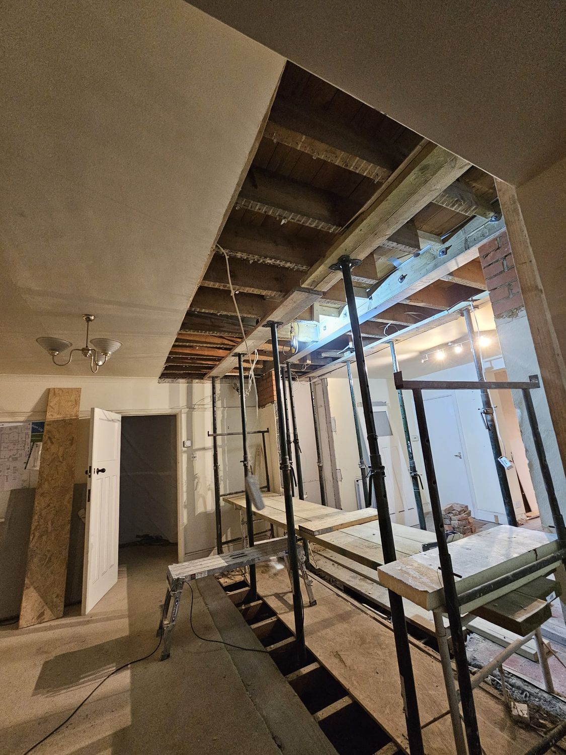 Steelwork installed, props still holding the upper floor structure