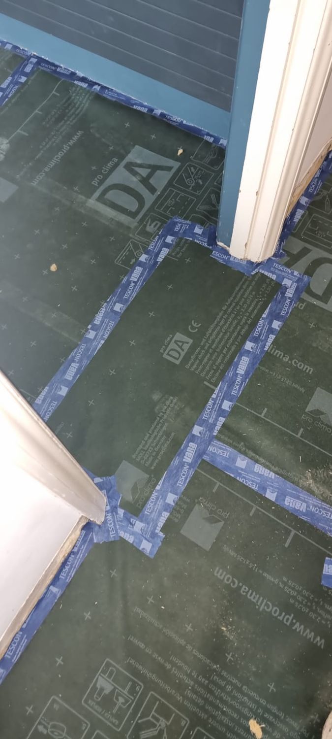 Pro Clima DA Airtightness membrane taped at junctions and perimeter with Pro Clima Tescon Vana
