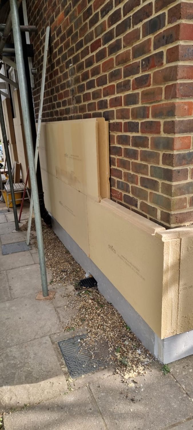 External wall insulation - Steico wood fibre insulation board goes onto the walls, with xps footing insulation below DPC level