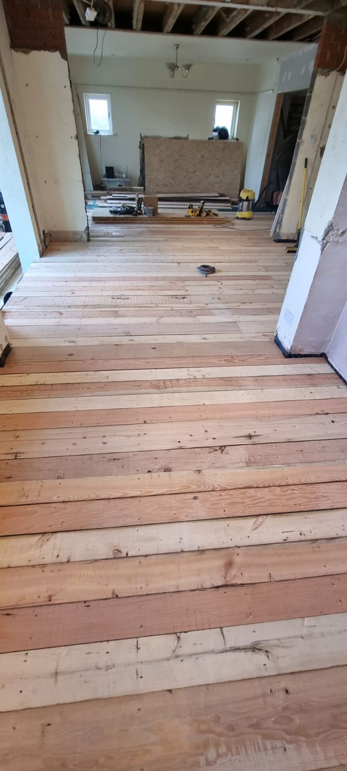 Internal renovation, reclaimed redwood floor installed