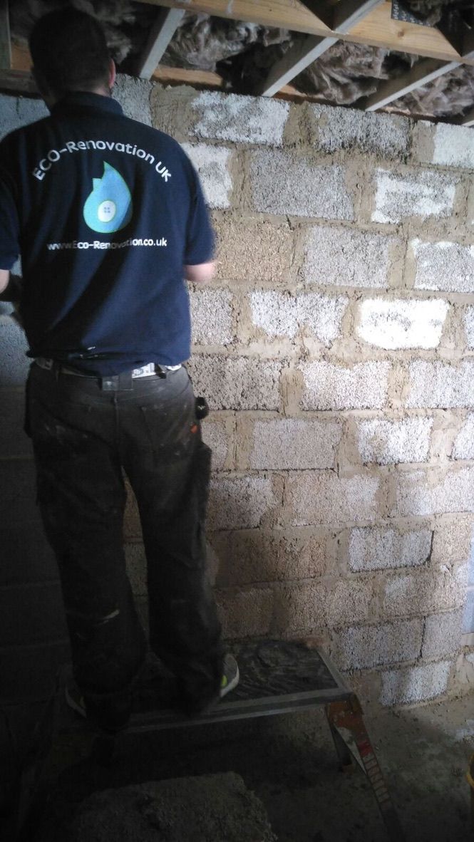 Hempcrete block wall being built