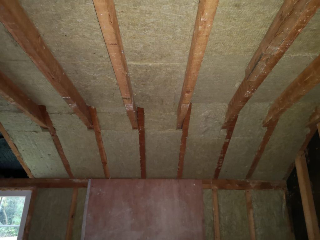 Flexible Rockwool batts installed between rafters in loft area