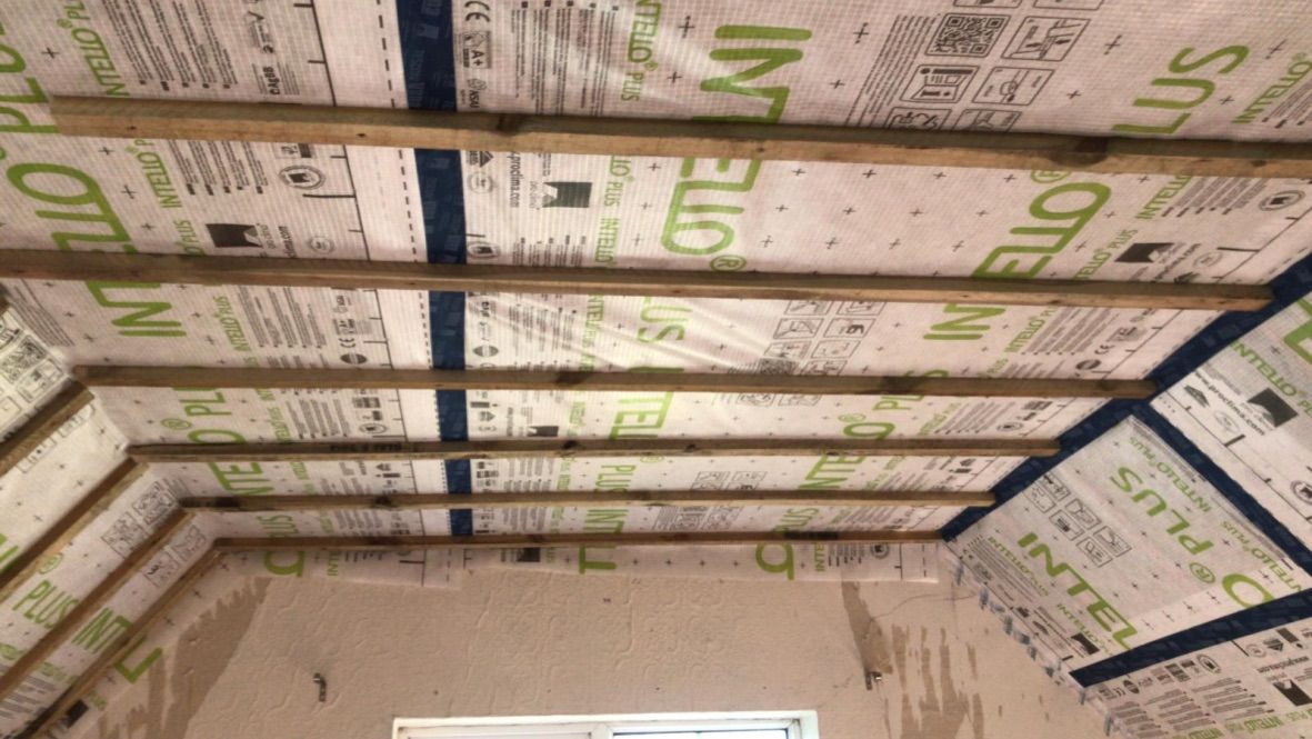 Installation of Pro Clima airtight system, Intello Plus vapour control membrane taped with Tescon Vana tapes