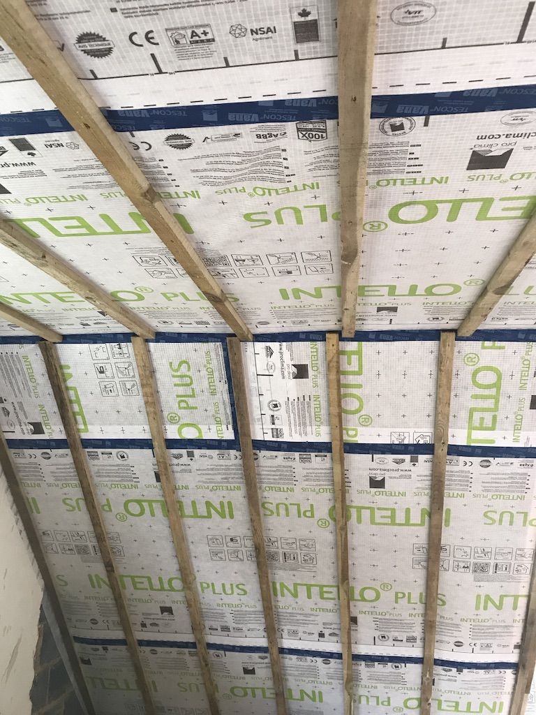 Installation of Pro Clima airtight system, Intello Plus vapour control membrane taped with Tescon Vana tapes