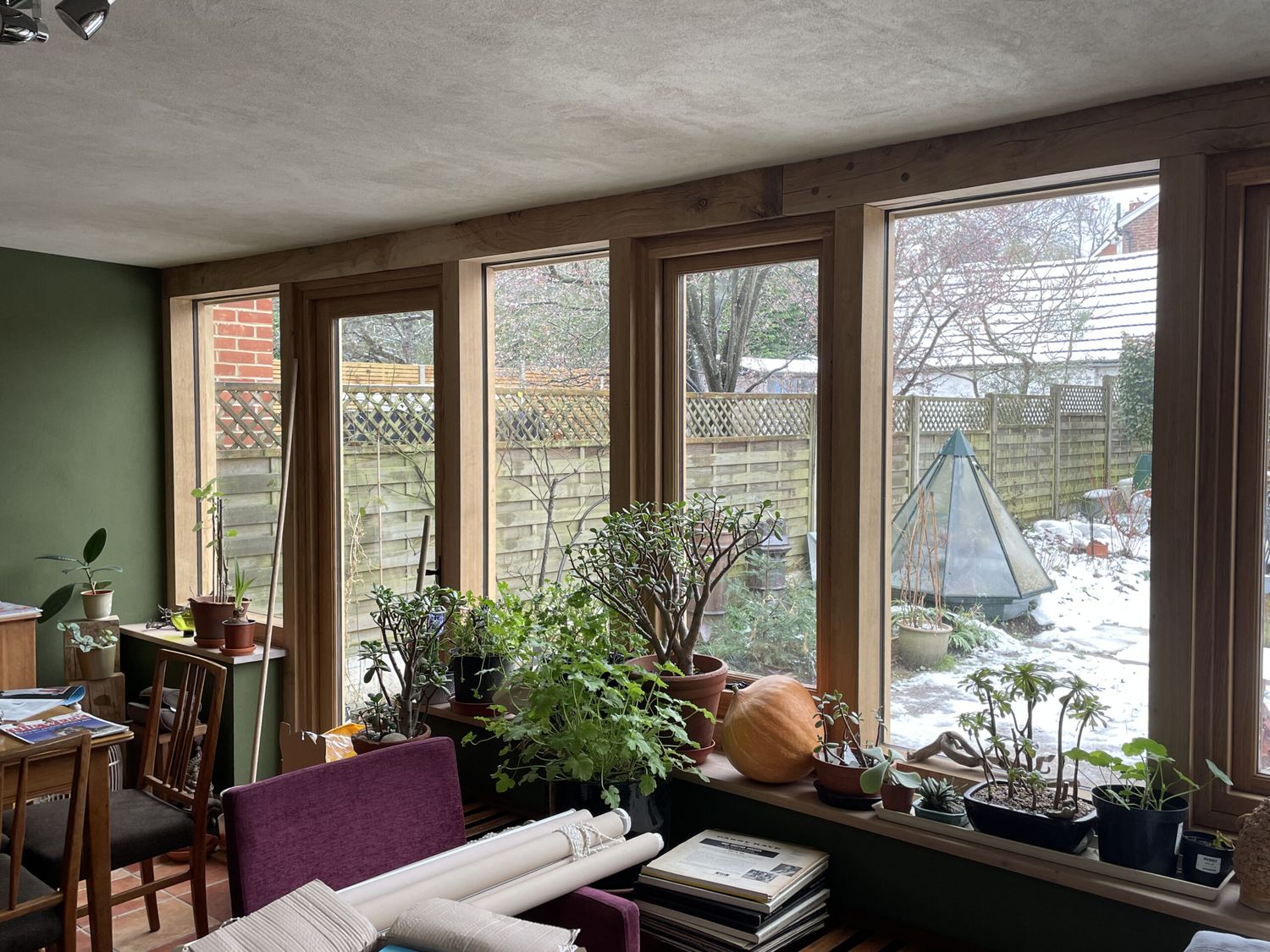 Completed oak framed, insulated extension with green roof