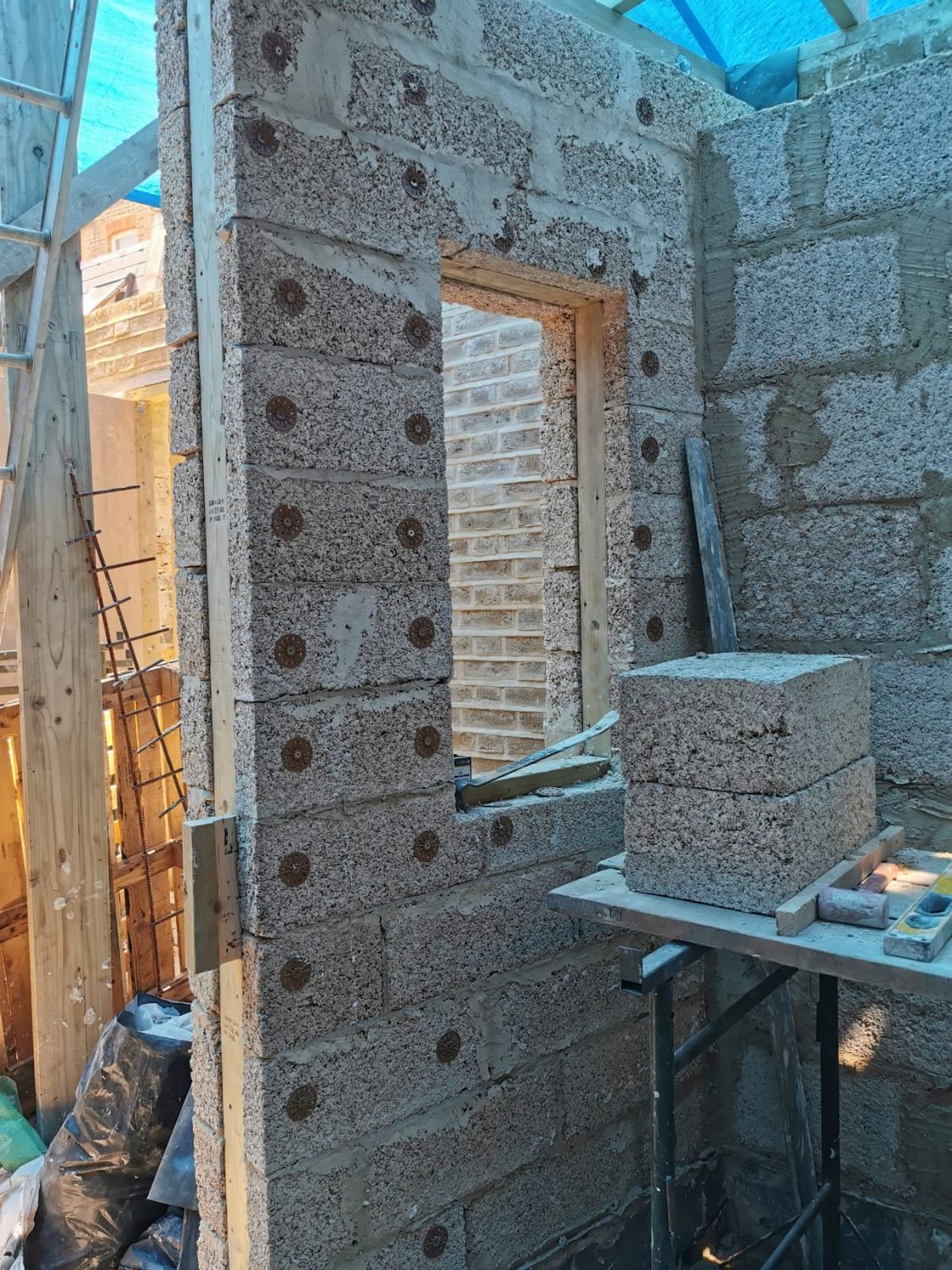 Extension wall is being built with hempcrete blocks